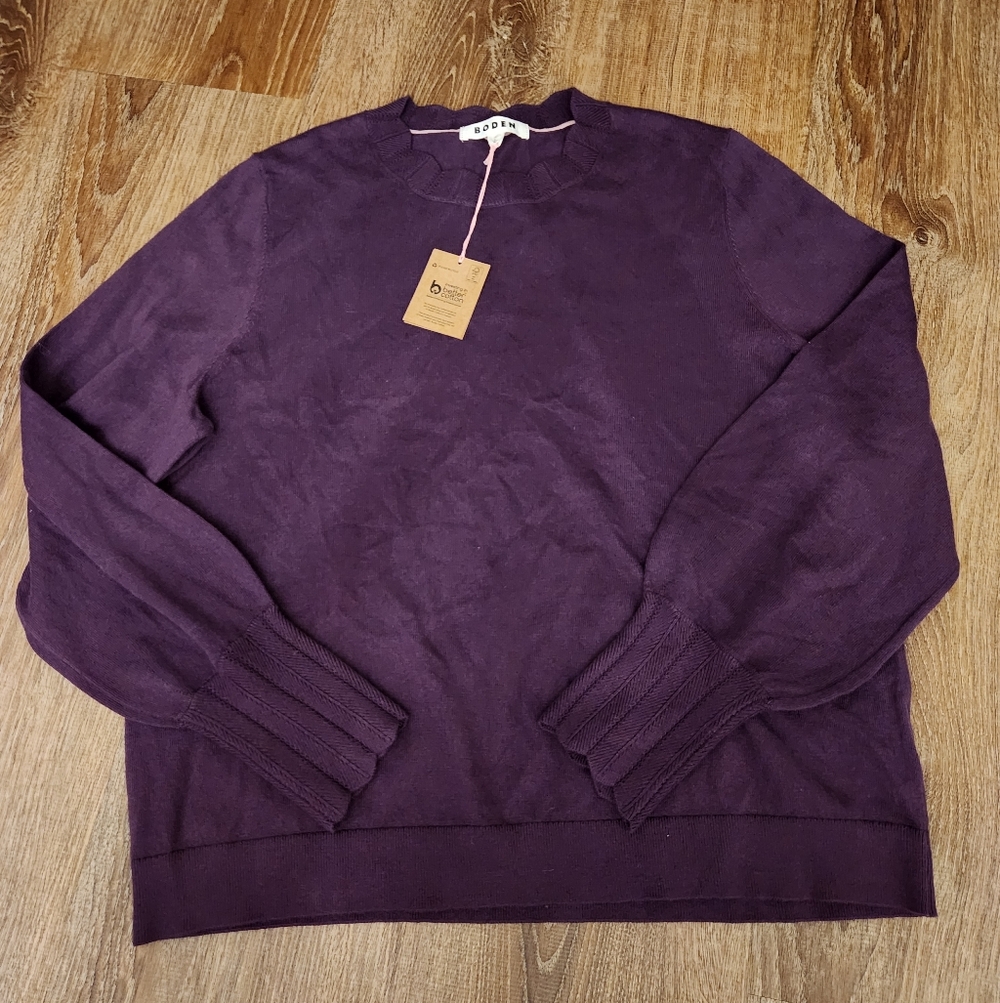 NWT Womens Scallop Purple Sweater Boden IMI Scallop Trim Jumper Cotton Wool
